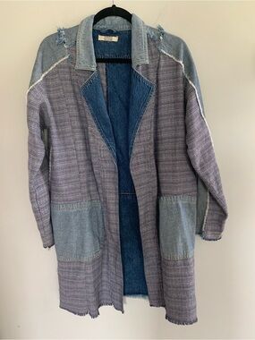 Gimmicks Denim-Trim Patchwork Long Coat - Blue
